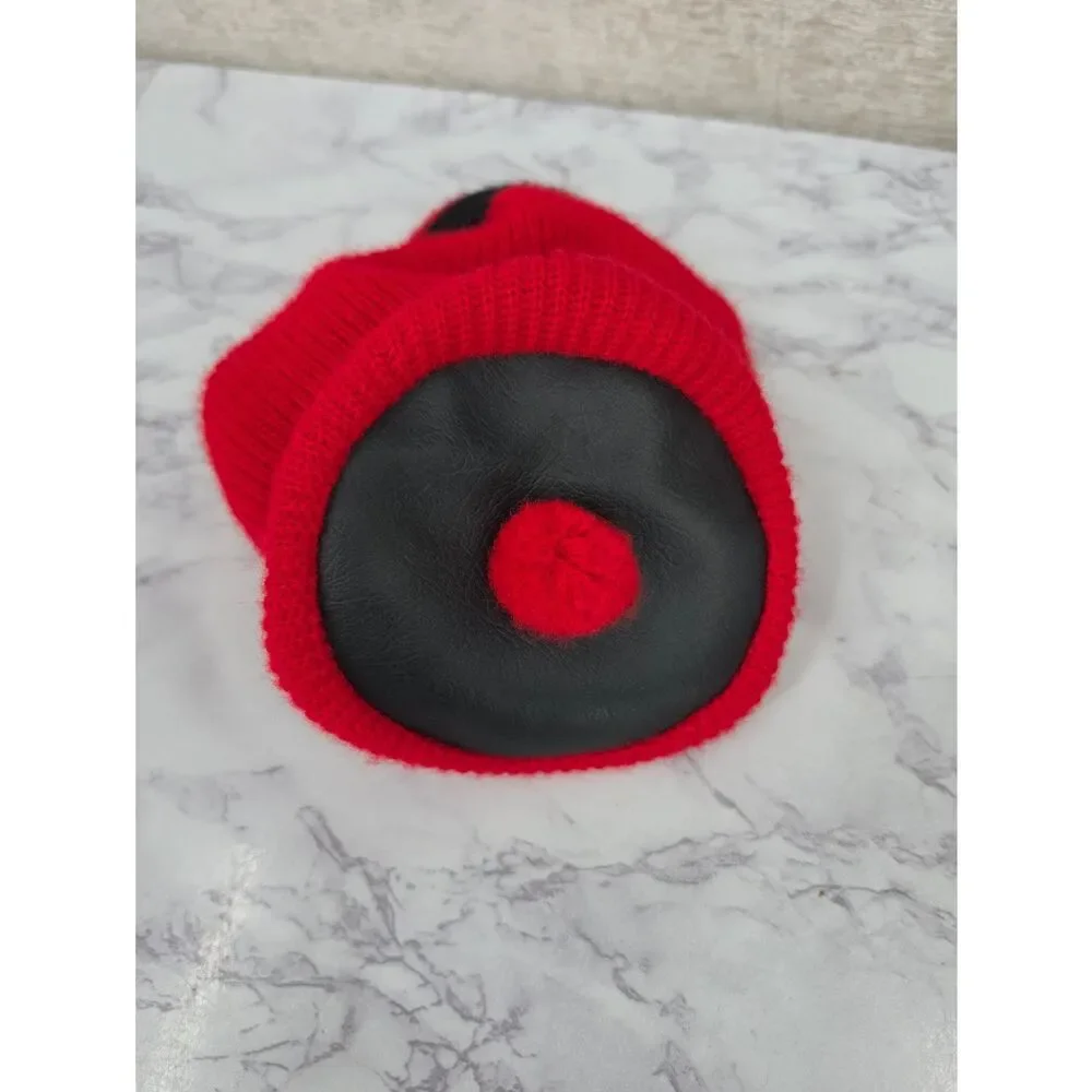 Vintage Red Knit Pom Pom Hat with Black Stripe 60s 70s Infant or Toddler